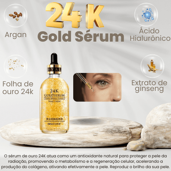Sérum Facial 24k Gold Anti idade - Redução de rugas com Folhas de Ouro, Vitamina C, Ácido Hialurônico e Óleo de Argan - Inovatech Store